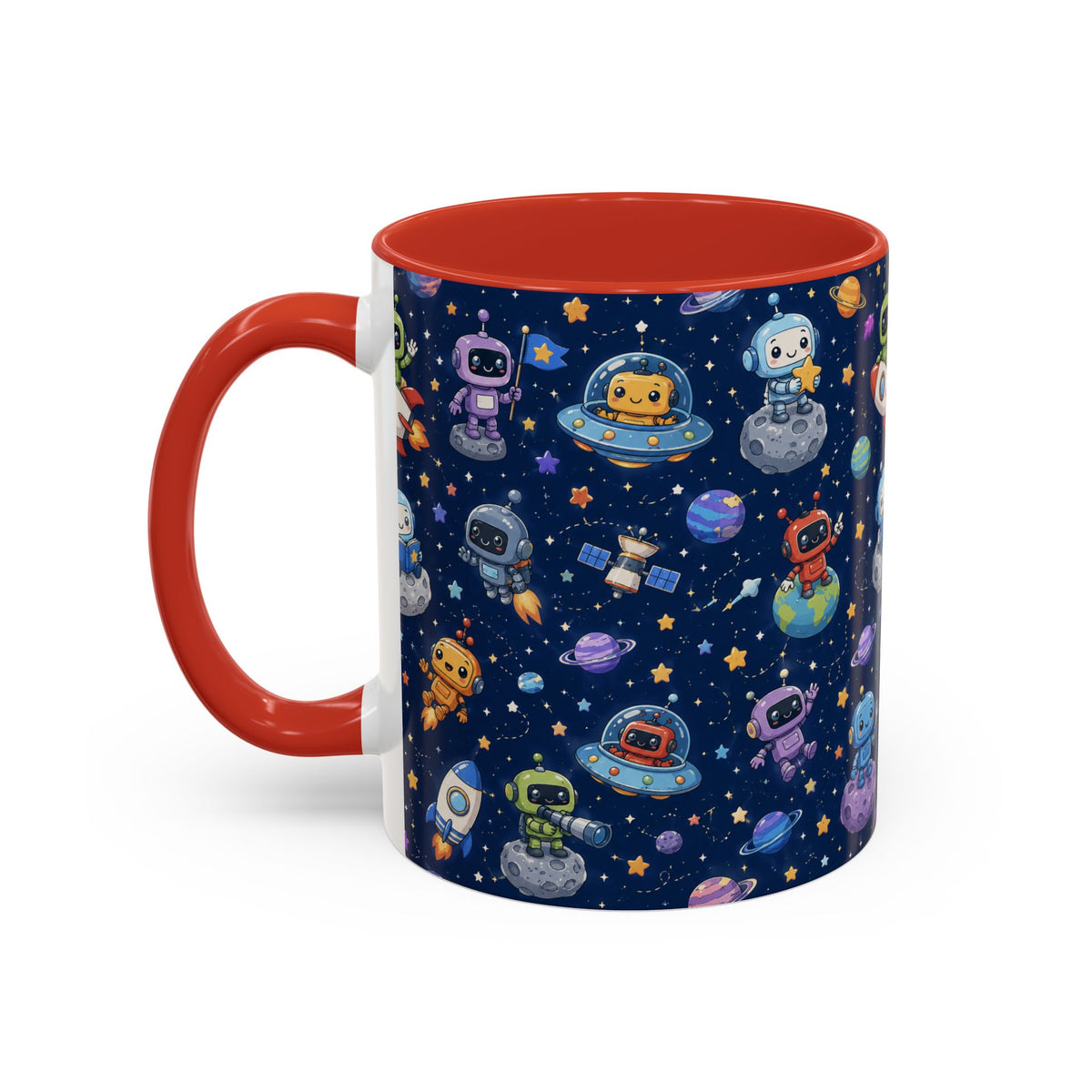 Galactic Robots Accent Coffee Mug — Cute Space Astronaut Pattern (11/15 oz)