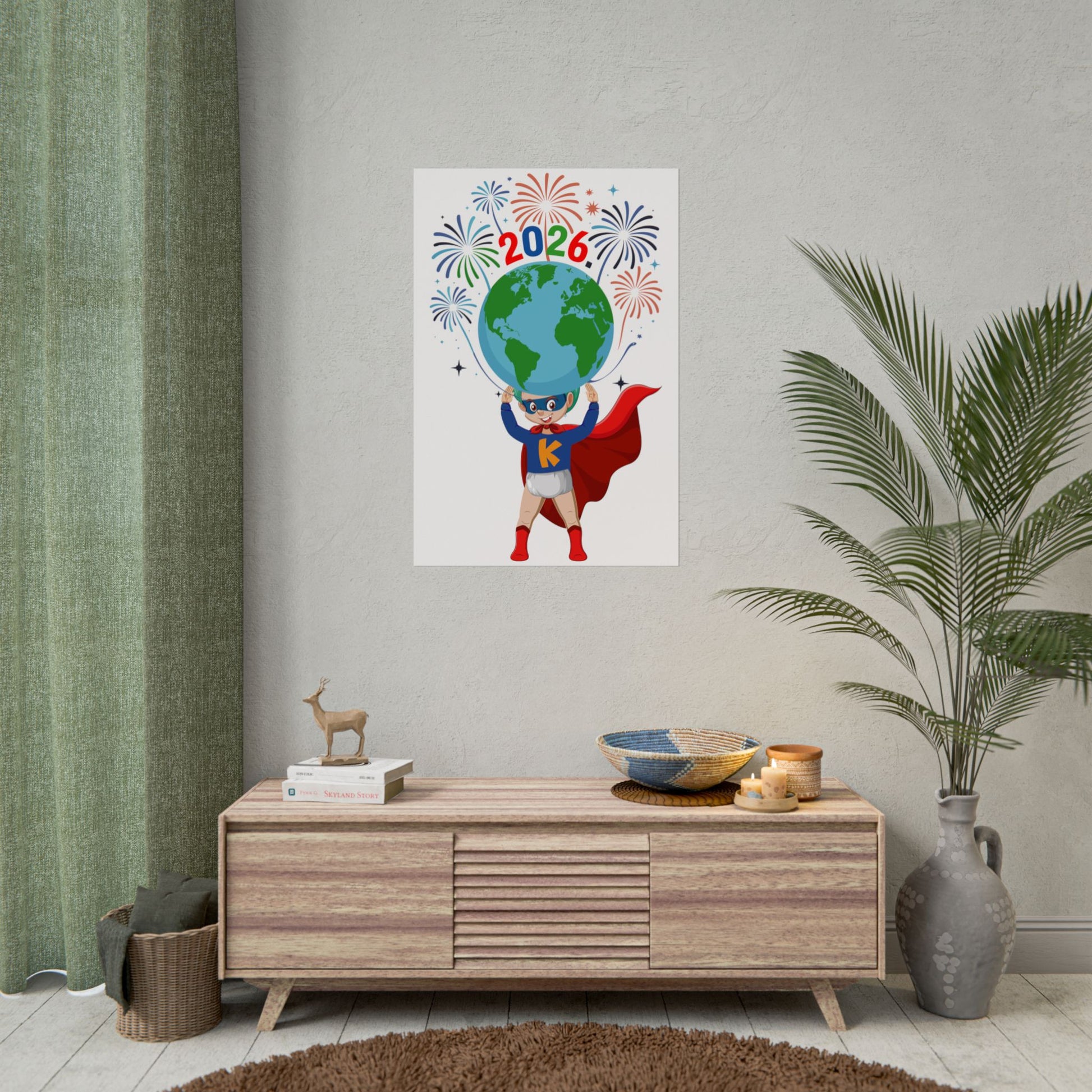 Rolled Posters - Super kiddo holding globe - [[{"value":"Wonderwear Kid"}]]