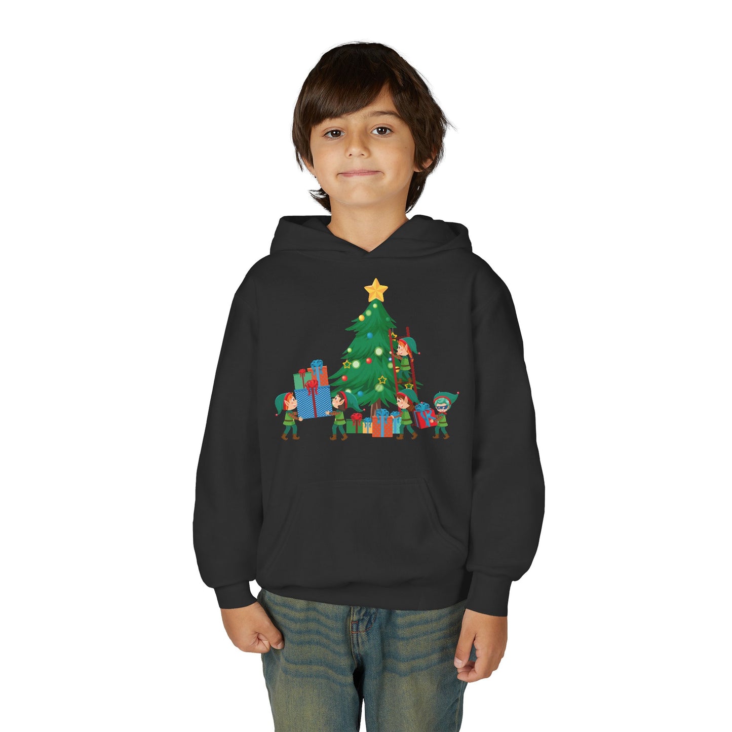 Youth Heavy Blend Hooded Sweatshirt - Super kiddo putting gifts on christmas tree