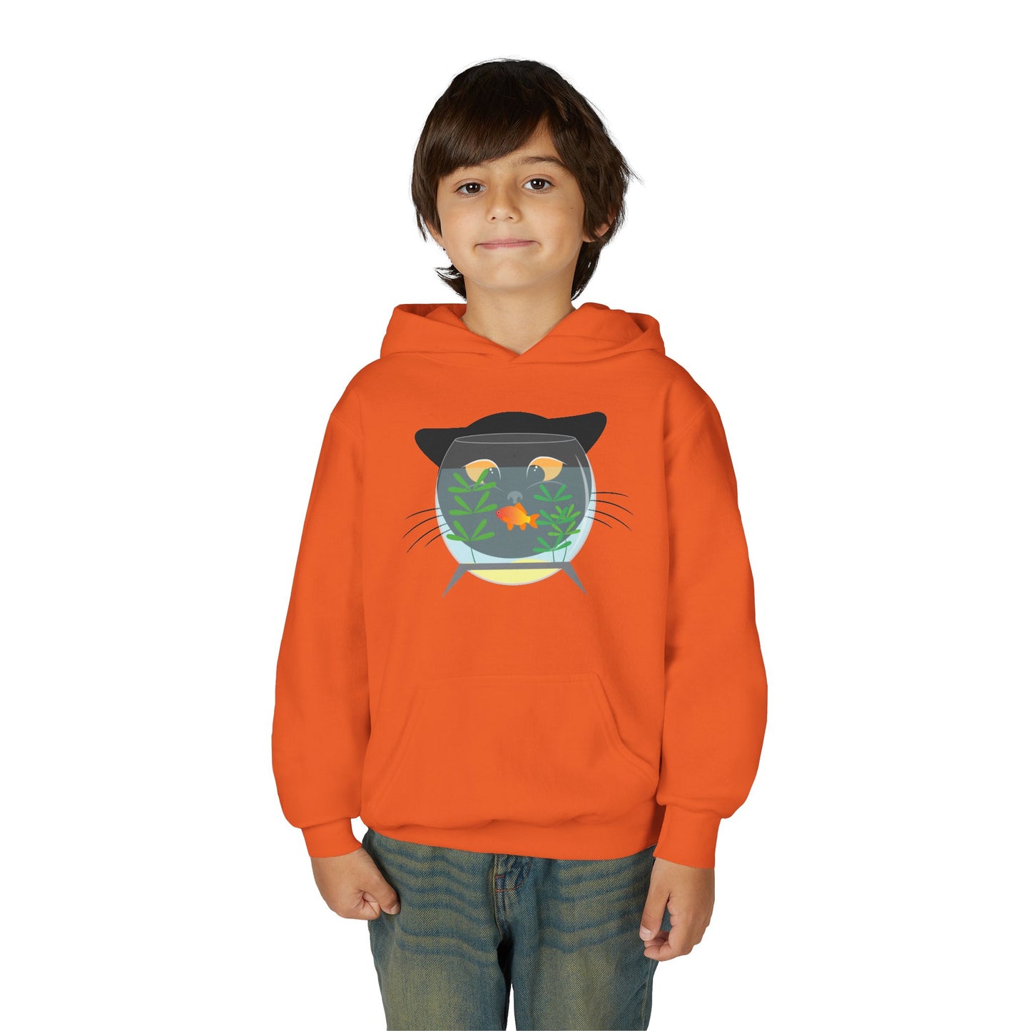 Youth Heavy Blend Hooded Sweatshirt -  Black cat and gold fish