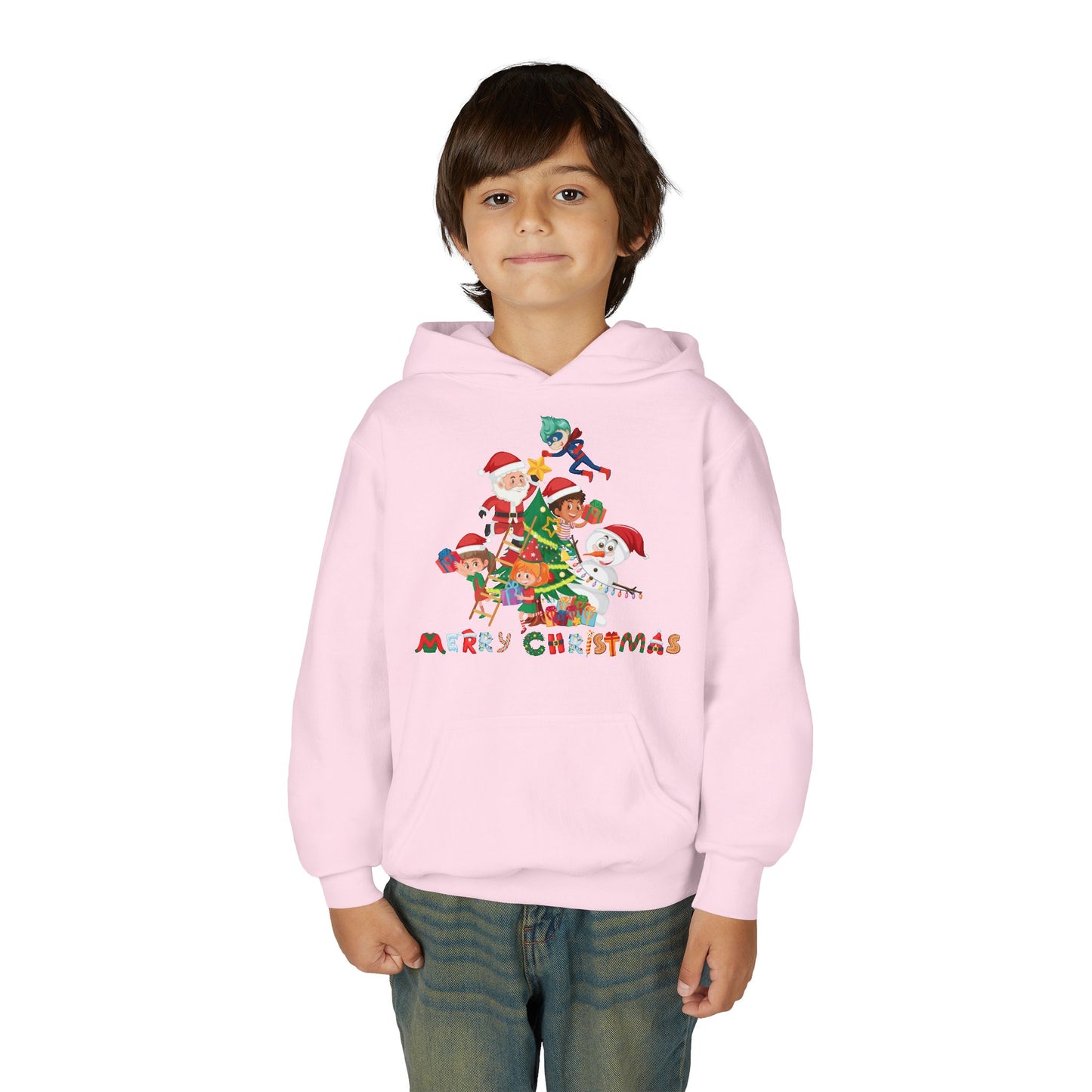 Youth Heavy Blend Hooded Sweatshirt - Super kiddo making christmas tree with text