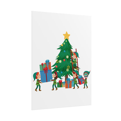 Rolled Posters - Super kiddo putting gifts on christmas tree - [[{"value":"Wonderwear Kid"}]]