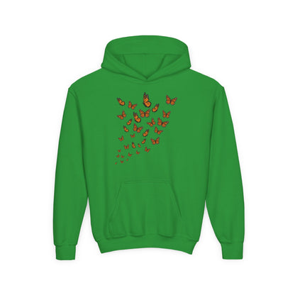 Youth Heavy Blend Hooded Sweatshirt - Group of monarch butterfly Printify