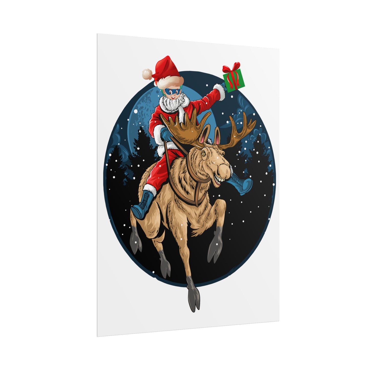 Rolled Posters - Super kiddo riding a reindeer - [[{"value":"Wonderwear Kid"}]]