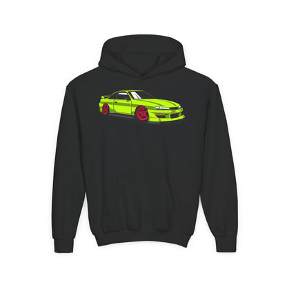 Youth Heavy Blend Hooded Sweatshirt - Yellow green race car Printify