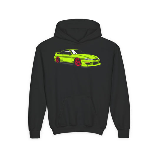 Youth Heavy Blend Hooded Sweatshirt - Yellow green race car Printify