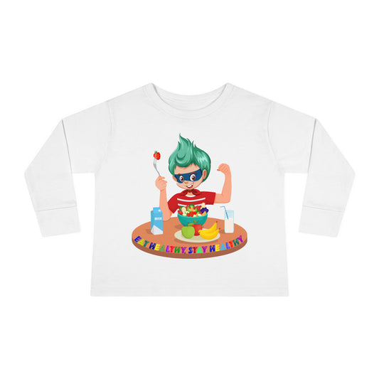 Toddler Long Sleeve Tee - super kiddo eating healthy food - [[{"value":"Wonderwear Kid"}]]