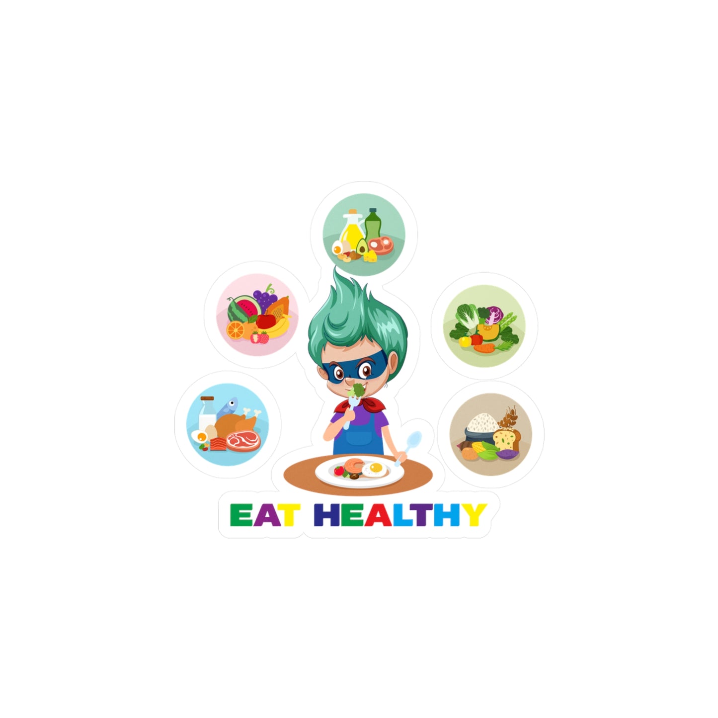 Halloween Kiss-Cut Vinyl Decals – Supper kiddo showing healthy food to eat - [[{"value":"Wonderwear Kid"}]]