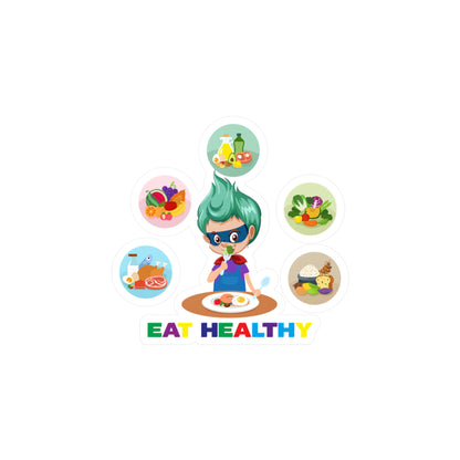 Halloween Kiss-Cut Vinyl Decals – Supper kiddo showing healthy food to eat - [[{"value":"Wonderwear Kid"}]]