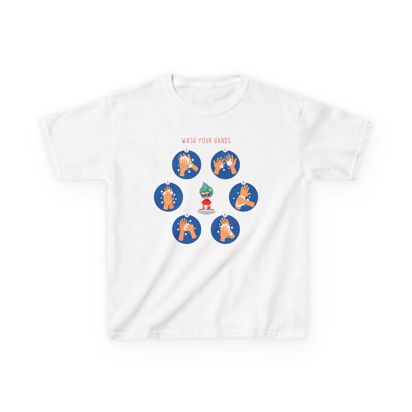 Kids Heavy Cotton™ Tee - Super kiddo teaching how to wash hands - [[{"value":"Wonderwear Kid"}]]