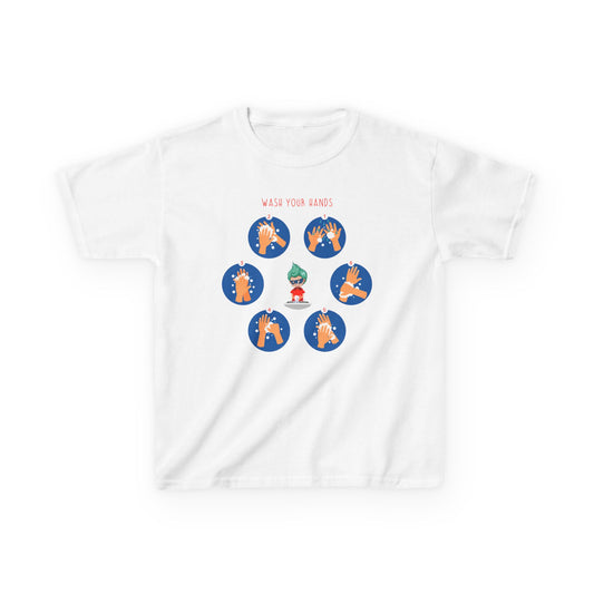 Kids Heavy Cotton™ Tee - Super kiddo teaching how to wash hands - [[{"value":"Wonderwear Kid"}]]