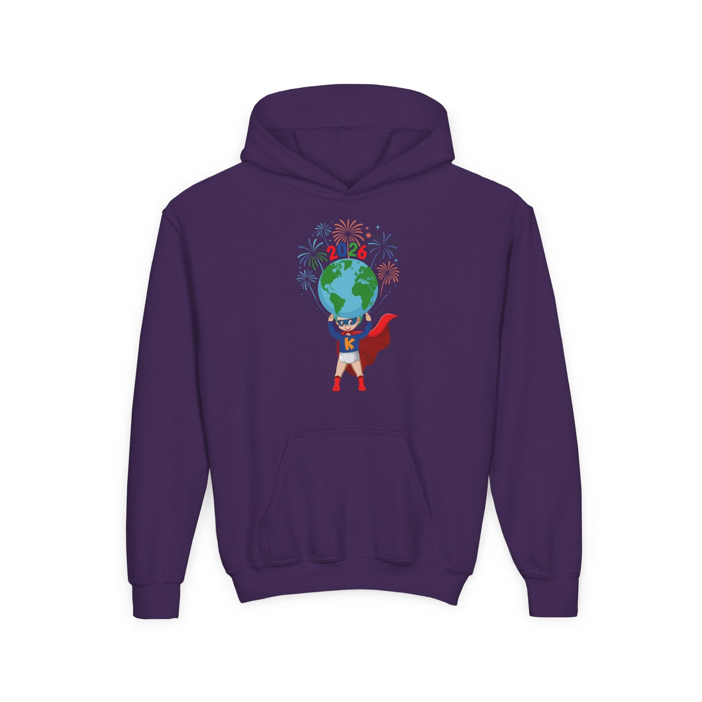 Youth Heavy Blend Hooded Sweatshirt - Super kiddo holding globe