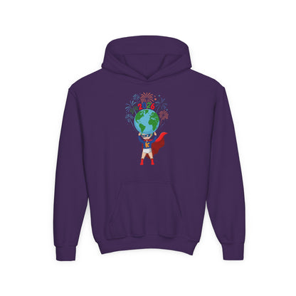 Youth Heavy Blend Hooded Sweatshirt - Super kiddo holding globe - [[{"value":"Wonderwear Kid"}]]