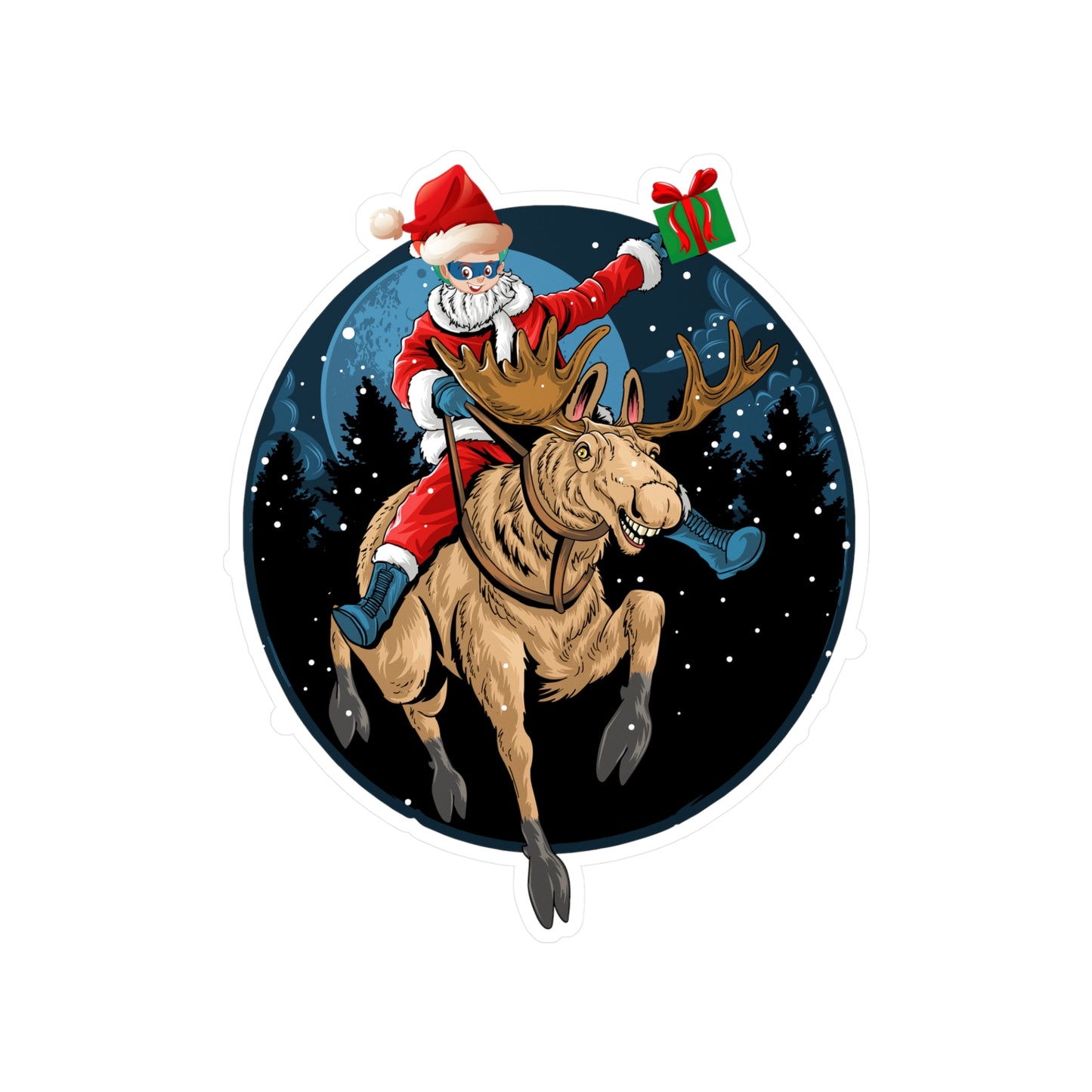 Christmas Kiss-Cut Vinyl Decals – Super kiddo riding a reindeer - [[{"value":"Wonderwear Kid"}]]