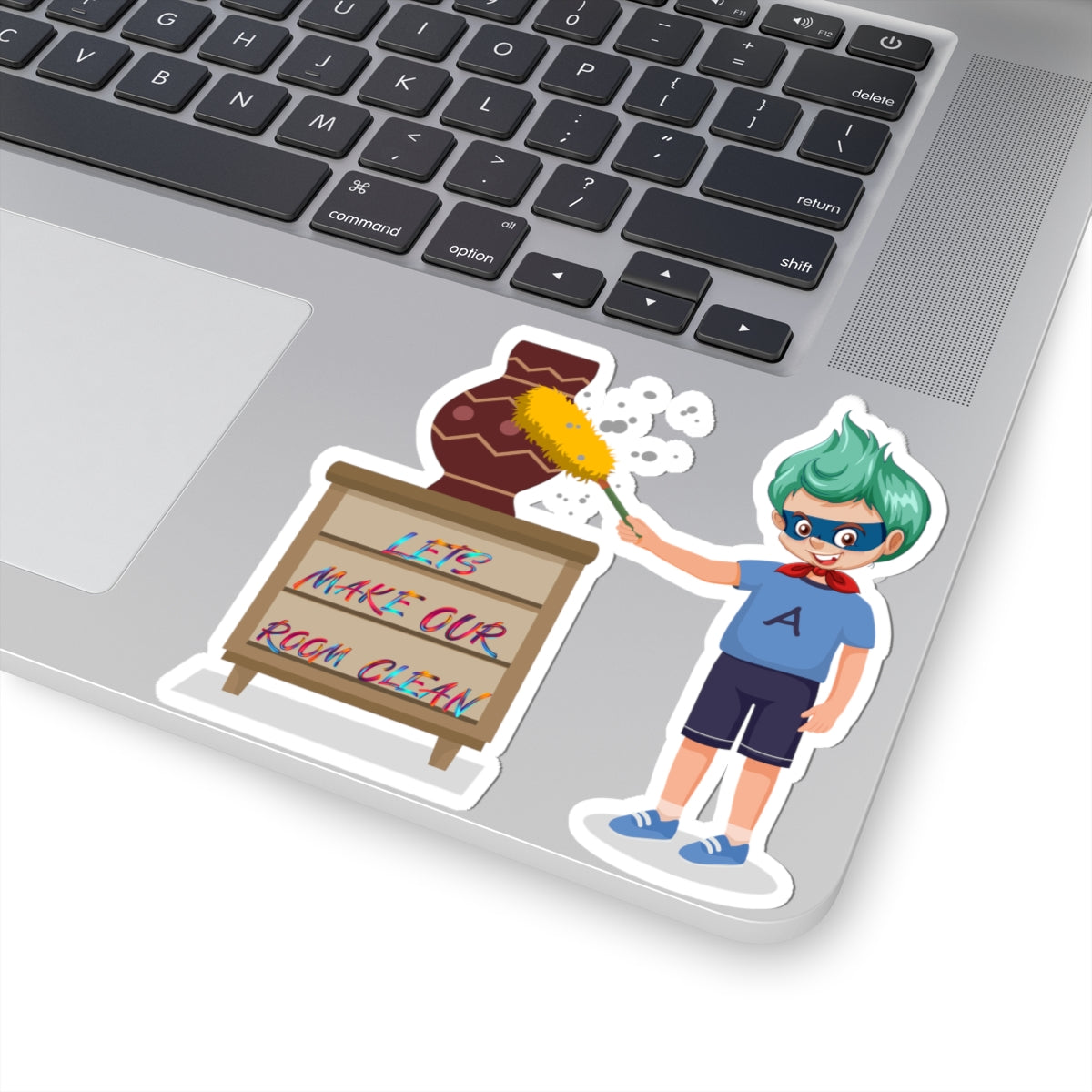 Kiss-Cut Stickers - Super kiddo cleaning a vase - [[{"value":"Wonderwear Kid"}]]