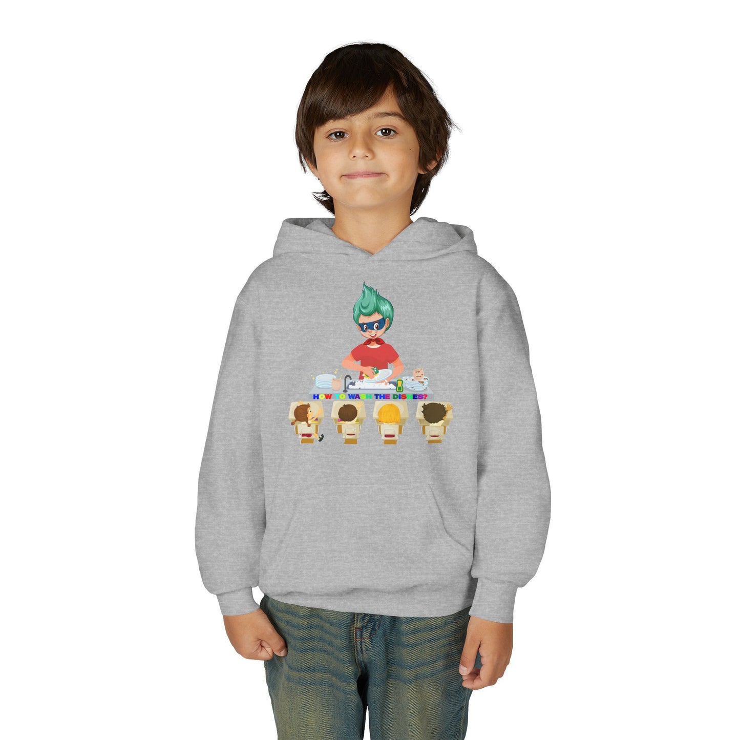 Youth Heavy Blend Hooded Sweatshirt - Little kiddo teaching to wash dishes
