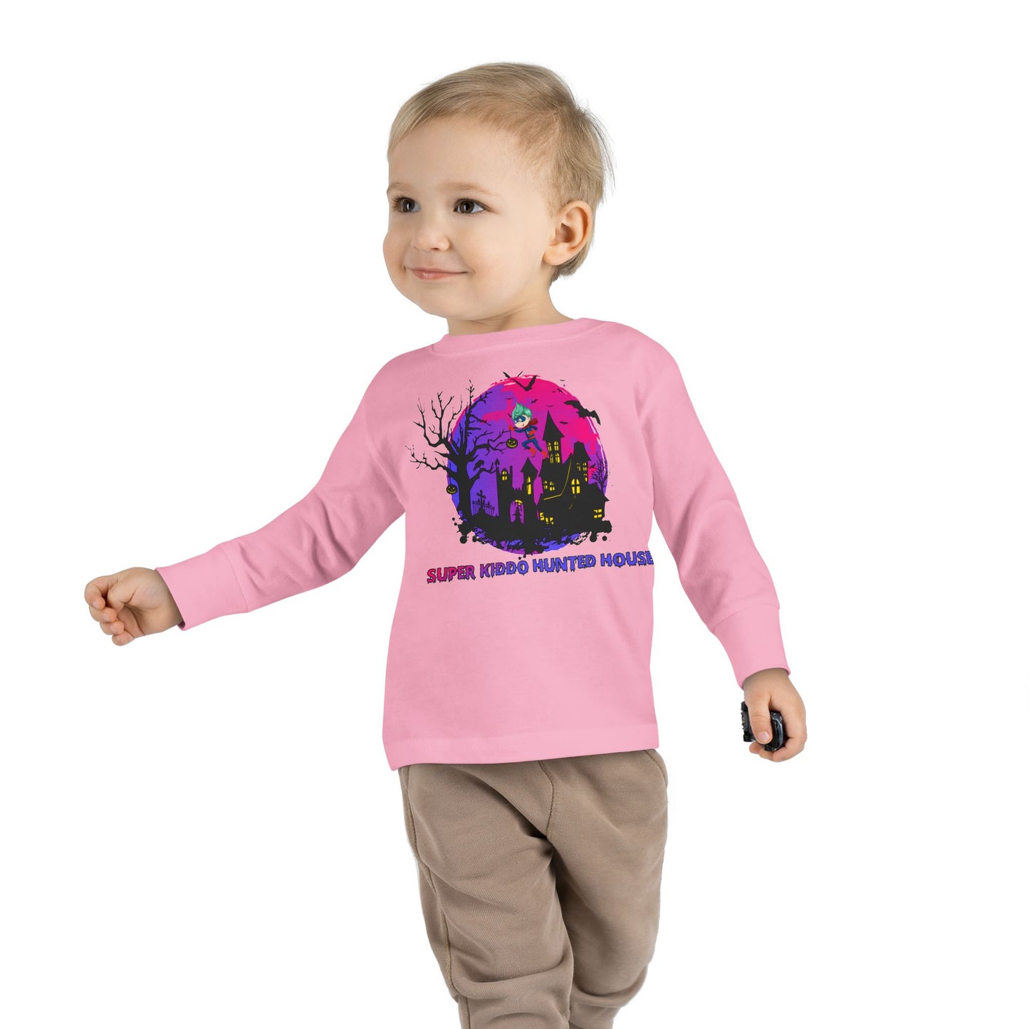 Toddler Long Sleeve Tee - Super kiddo flying on hunted house