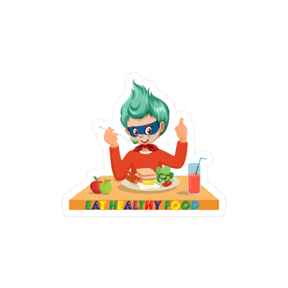 Halloween Kiss-Cut Vinyl Decals – Super kiddo eating healthy breafast - [[{"value":"Wonderwear Kid"}]]