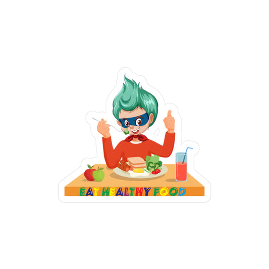 Halloween Kiss-Cut Vinyl Decals – Super kiddo eating healthy breafast - [[{"value":"Wonderwear Kid"}]]