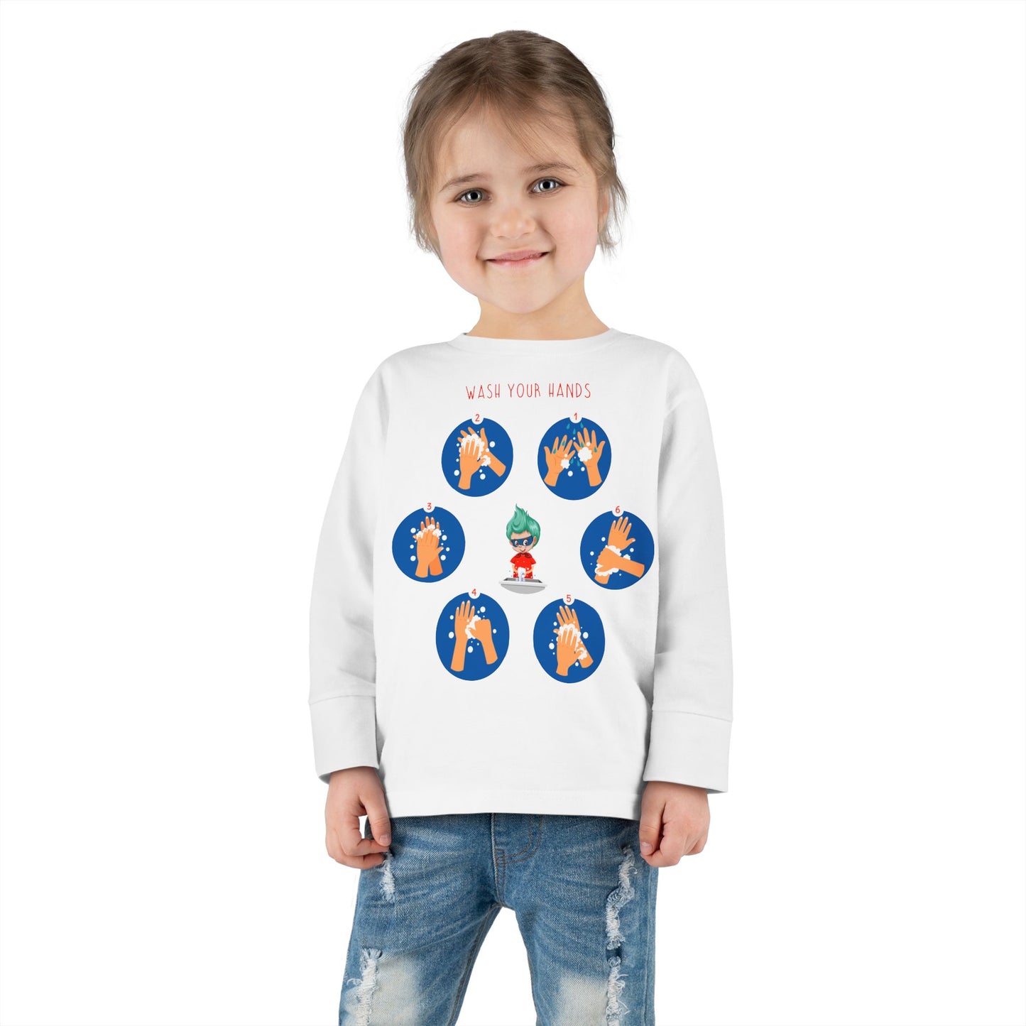 Toddler Long Sleeve Tee - Super kiddo teaching how to wash hands - [[{"value":"Wonderwear Kid"}]]