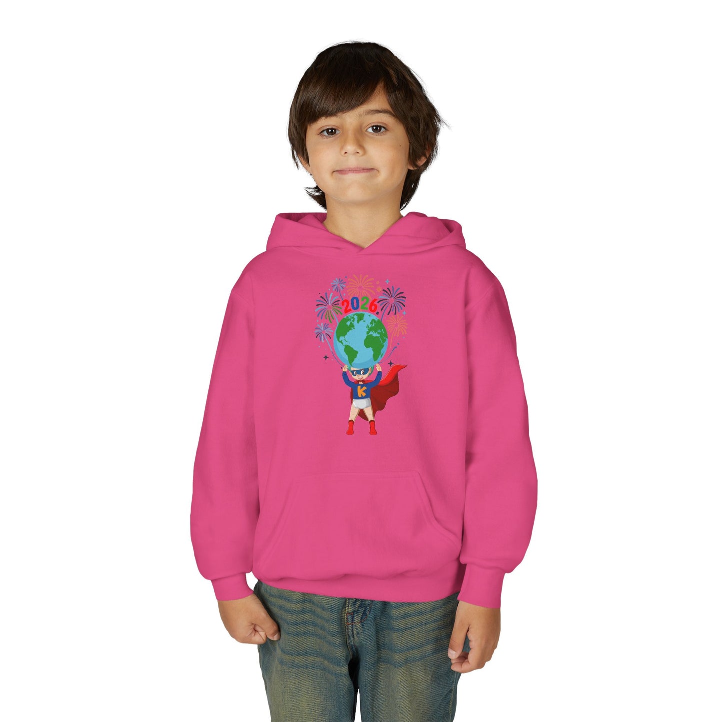 Youth Heavy Blend Hooded Sweatshirt - Super kiddo holding globe