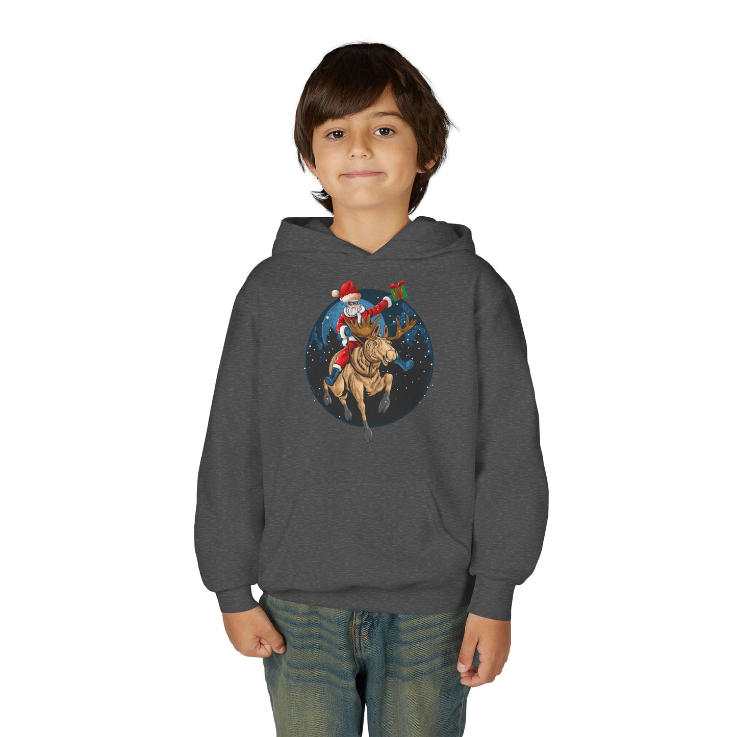 Youth Heavy Blend Hooded Sweatshirt - Super kiddo riding a reindeer