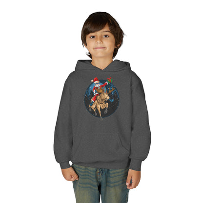 Youth Heavy Blend Hooded Sweatshirt - Super kiddo riding a reindeer - [[{"value":"Wonderwear Kid"}]]