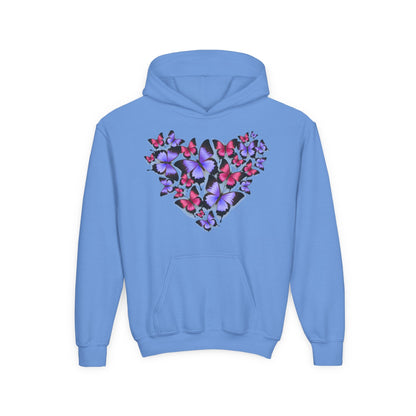 Youth Heavy Blend Hooded Sweatshirt -  Heart shape monarch butterfly Printify