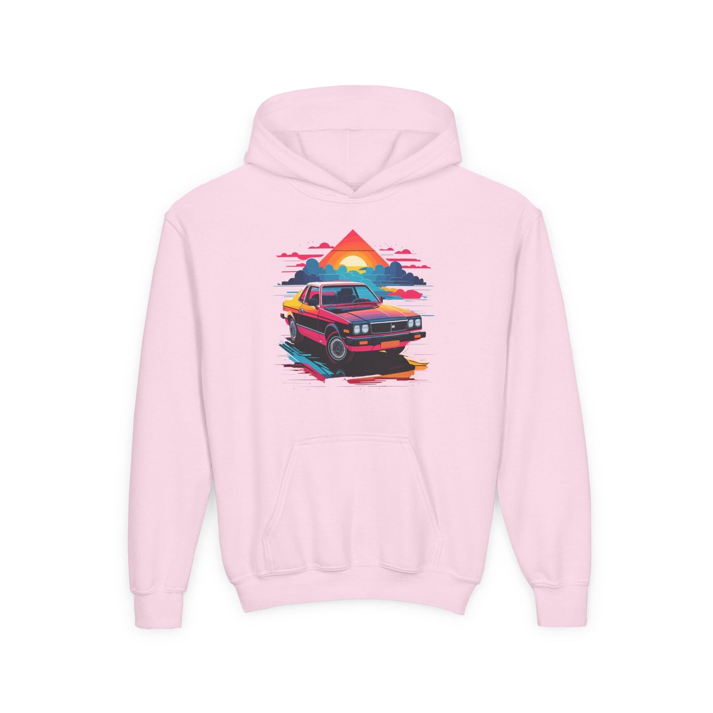 Youth Heavy Blend Hooded Sweatshirt - Retro Car and Sunset