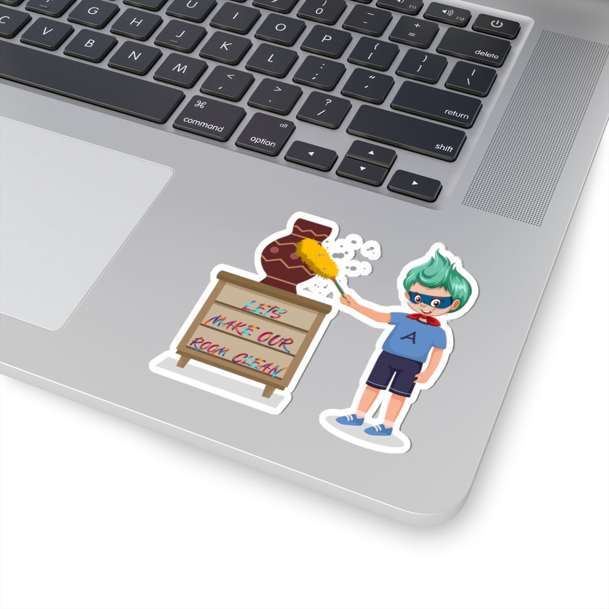 Kiss-Cut Stickers - Super kiddo cleaning a vase - [[{"value":"Wonderwear Kid"}]]