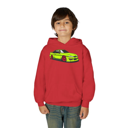 Youth Heavy Blend Hooded Sweatshirt - Yellow green race car Printify
