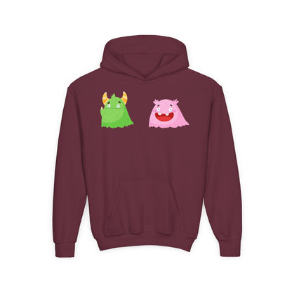 Youth Heavy Blend Hooded Sweatshirt - Green and pink monsters Printify