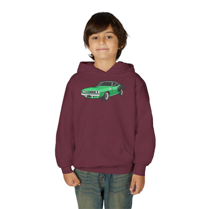 Youth Heavy Blend Hooded Sweatshirt - Vintage green car Printify