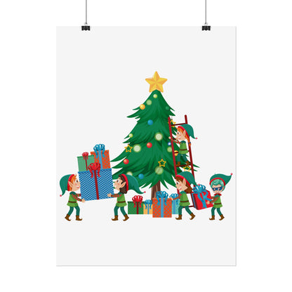 Rolled Posters - Super kiddo putting gifts on christmas tree - [[{"value":"Wonderwear Kid"}]]