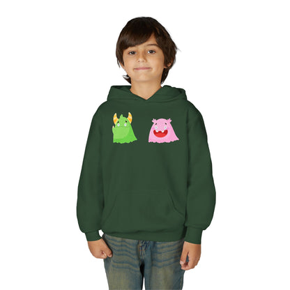 Youth Heavy Blend Hooded Sweatshirt - Green and pink monsters Printify
