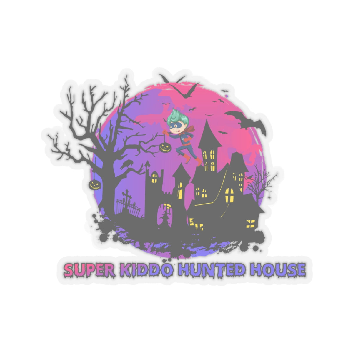 Kiss-Cut Stickers - Super kiddo flying on hunted house - [[{"value":"Wonderwear Kid"}]]