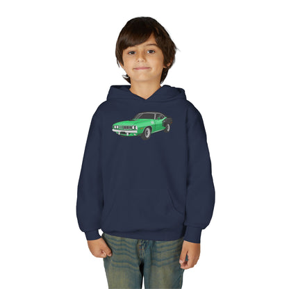 Youth Heavy Blend Hooded Sweatshirt - Vintage green car Printify