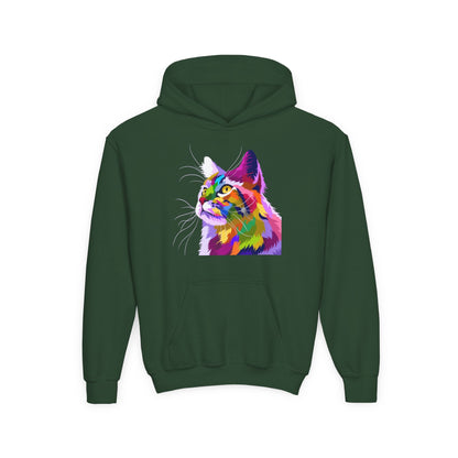 Youth hoodie with adorable cat design Printify
