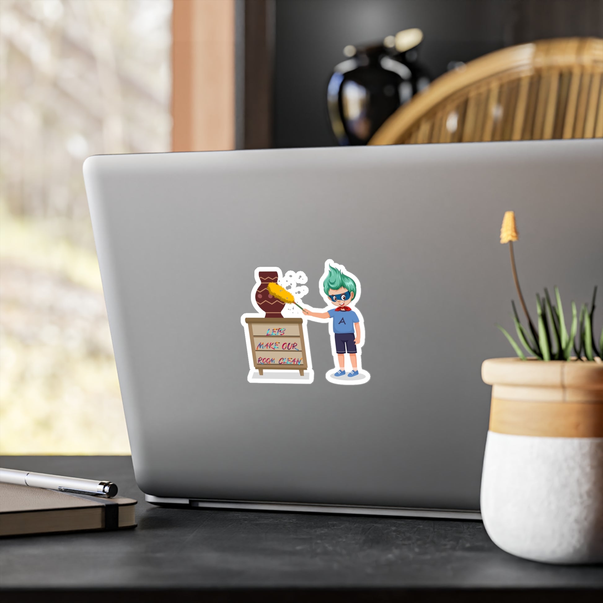Halloween Kiss-Cut Vinyl Decals – Super kiddo cleaning a vase - [[{"value":"Wonderwear Kid"}]]