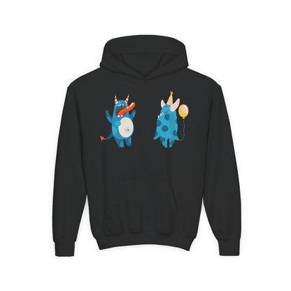 Youth Heavy Blend Hooded Sweatshirt - Blue monsters in action Printify