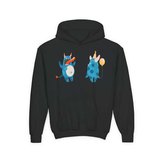 Youth Heavy Blend Hooded Sweatshirt - Blue monsters in action Printify