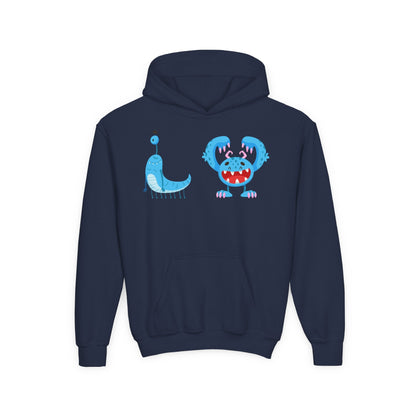 Youth Heavy Blend Hooded Sweatshirt - Happy toothy blue monsters Printify