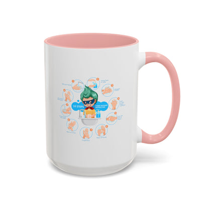 Accent Coffee Mug - Super kiddo hand washing steps - [[{"value":"Wonderwear Kid"}]]