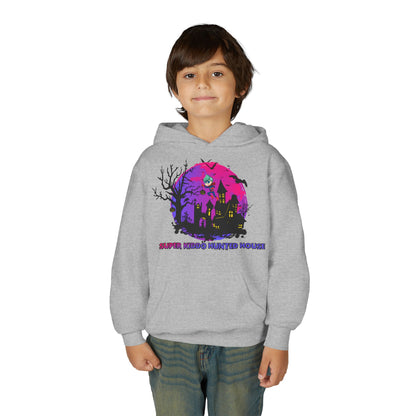 Youth Heavy Blend Hooded Sweatshirt - Super kiddo flying on hunted house - [[{"value":"Wonderwear Kid"}]]