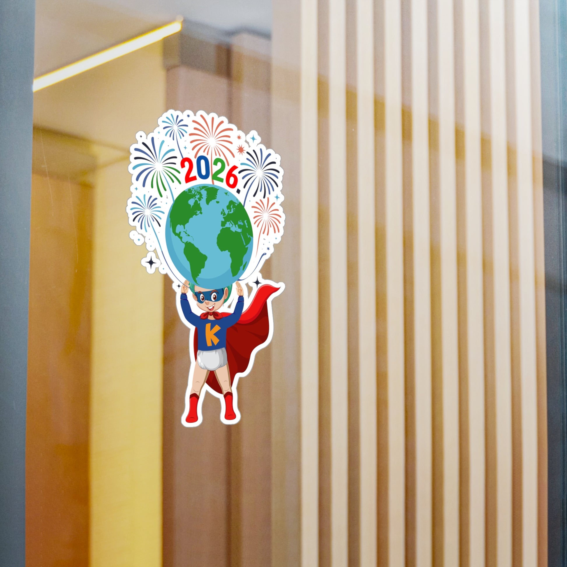 Christmas Kiss-Cut Vinyl Decals – Super kiddo holding globe - [[{"value":"Wonderwear Kid"}]]