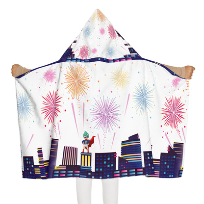 Youth Hooded Towel -  Super kiddo with fireworks - [[{"value":"Wonderwear Kid"}]]