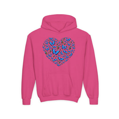 Youth Heavy Blend Hooded Sweatshirt -  Heart shape blue morpho butterfly Printify
