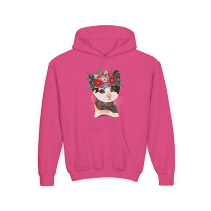 Youth Heavy Blend Hooded Sweatshirt - Lovely cat with crown flower Printify