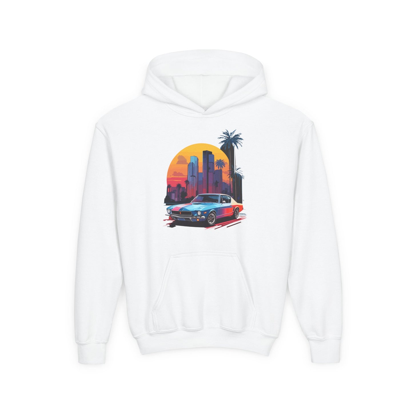 Youth Heavy Blend Hooded Sweatshirt - Vintage Car Sunset