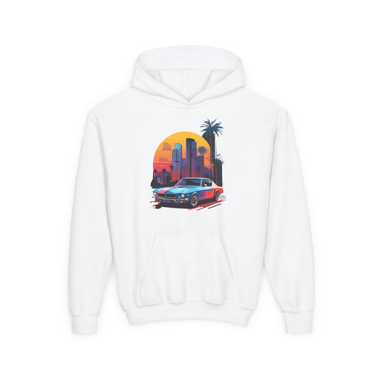 Youth Heavy Blend Hooded Sweatshirt - Vintage Car Sunset